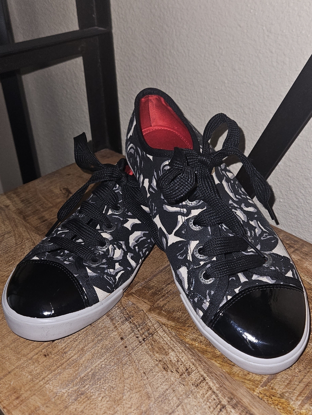 Brighton Black & Cream Patterned Lace-Up Sneakers with Red Interior